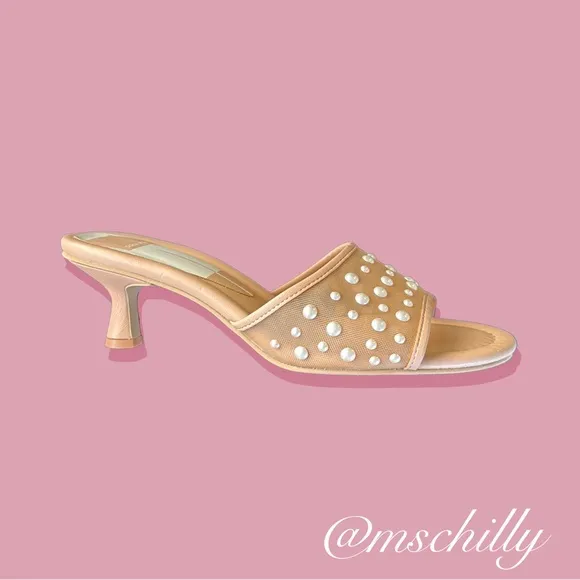 Dolce Vita Meeza Pearl Blush Tan Cream Kitten Heel Slide Sandals Sz 8