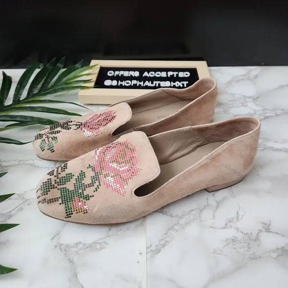 Donald J Pilner Hiro Floral Embellished Suede Slip On Flats