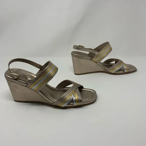 Donald J Pliner Laine Metallic Leather Wedge Sandals Shoes Women