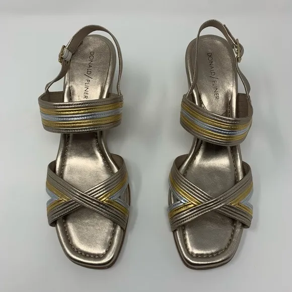 Donald J Pliner Laine Metallic Leather Wedge Sandals Shoes Women