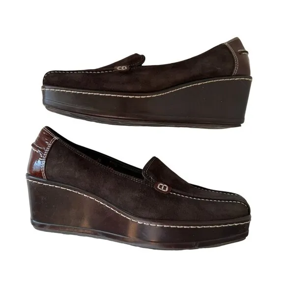 Donald J. Pliner Peni Brown Suede Loafers Wedge Women 6M Square Toe Slip-On