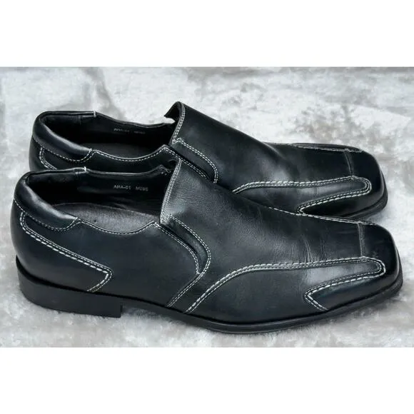 Donald Pliner Black Leather Slip On Loafers White Stitching Mens Size 9.5