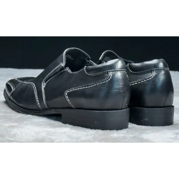Donald Pliner Black Leather Slip On Loafers White Stitching Mens Size 9.5