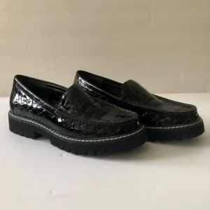 Donald Pliner Hope Loafers Black Patent Leather Croc Embossed Platform Size 8