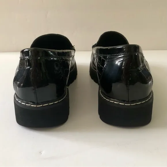 Donald Pliner Hope Loafers Black Patent Leather Croc Embossed Platform Size 8