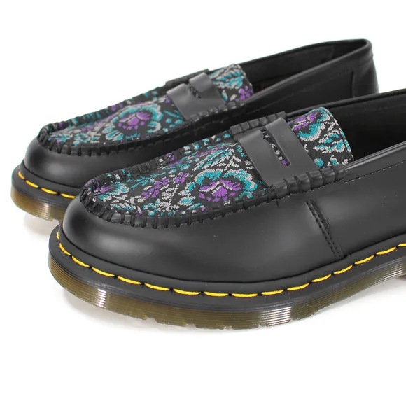 Dr. Martens Penton Floral Loafers NEW Black Leather Jacquard Slip On Shoes Sz 7