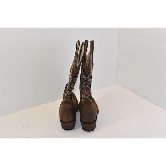 Dusty Rocker 1098 Cowgirl Brown Leather Boots Red Rose Design Size 7.5
