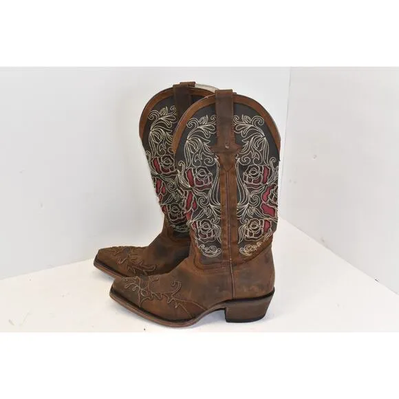 Dusty Rocker 1098 Cowgirl Brown Leather Boots Red Rose Design Size 7.5