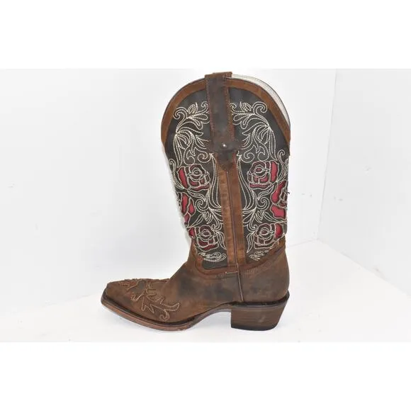 Dusty Rocker 1098 Cowgirl Brown Leather Boots Red Rose Design Size 7.5