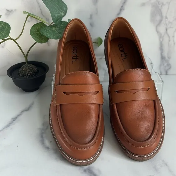 Earth Jarvas Med Brown Round Toe Casual Slip on Penny Loafers Size 7W