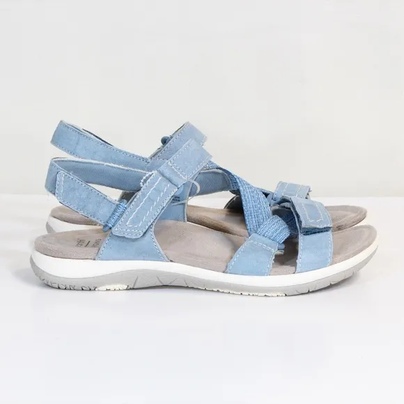 Earth Origins Savoy Slade Suede Cendre Blue Open Toe Adjustable Strap Sandal NWT