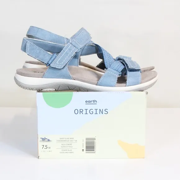 Earth Origins Savoy Slade Suede Cendre Blue Open Toe Adjustable Strap Sandal NWT