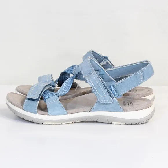 Earth Origins Savoy Slade Suede Cendre Blue Open Toe Adjustable Strap Sandal NWT