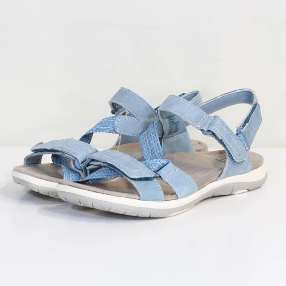 Earth Origins Savoy Slade Suede Cendre Blue Open Toe Adjustable Strap Sandal NWT