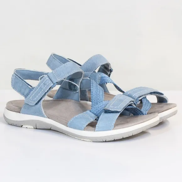Earth Origins Savoy Slade Suede Cendre Blue Open Toe Adjustable Strap Sandal NWT