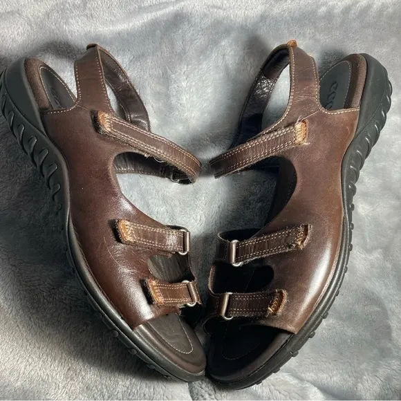 Ecco Chocolate Brown Leather Adjustable Three Strap Sandals Size 39