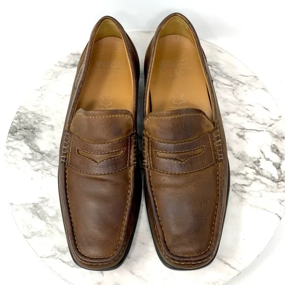 Ecco Square Toe Leather Penny Loafers Mens 43/9-9.5 Comfy Classic Preppy Office