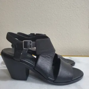Eileen Fisher Black Leather Chunk Heel Sandals Women's Shoe Size 7 1/2