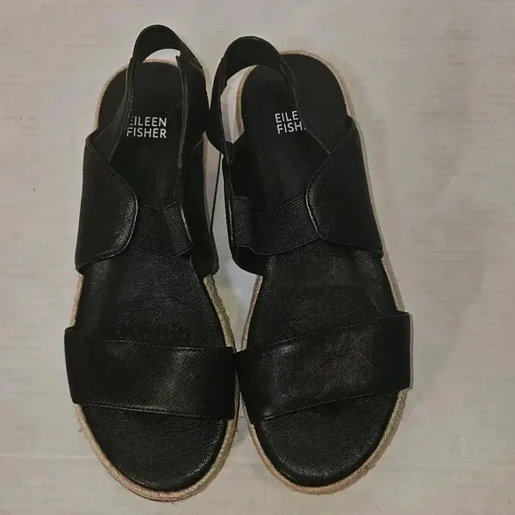 Eileen Fisher Black Platform Dash Wedge Slip On Slingback Womens Sandal SZ 7