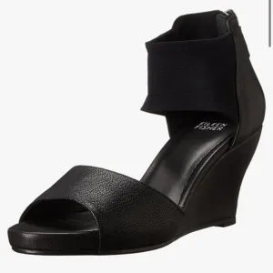Eileen Fisher Corona Sandals Black Leather Ankle Strap Zip Wedge Peep
