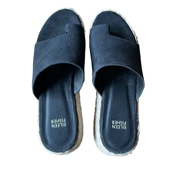 Eileen Fisher Espadrilles Size 9 Black Wedges Sandals Slides Suede Jute Coastal