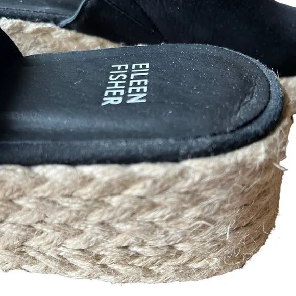 Eileen Fisher Espadrilles Size 9 Black Wedges Sandals Slides Suede Jute Coastal