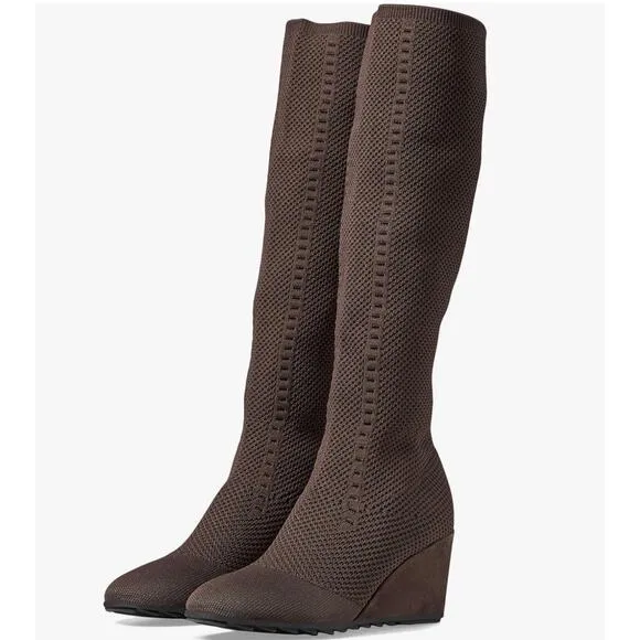 Eileen Fisher Kasana Wedge Boots 10 NWOT Brown Pull On Sock Knee High Tall