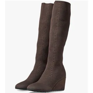 Eileen Fisher Kasana Wedge Boots 10 NWOT Brown Pull On Sock Knee High Tall