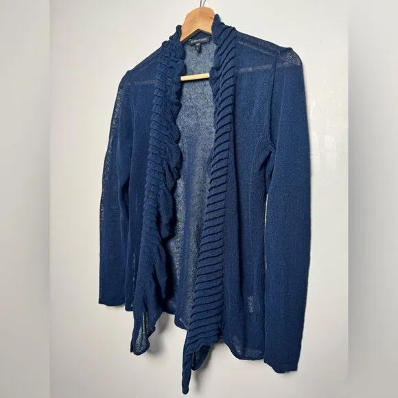 Eileen Fisher Navy Blue Linen Blend Cardigan Sweater Small S knitted ruffles