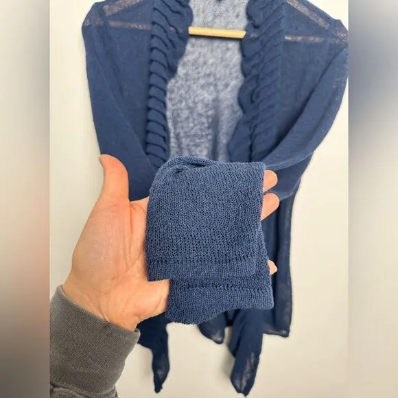 Eileen Fisher Navy Blue Linen Blend Cardigan Sweater Small S knitted ruffles