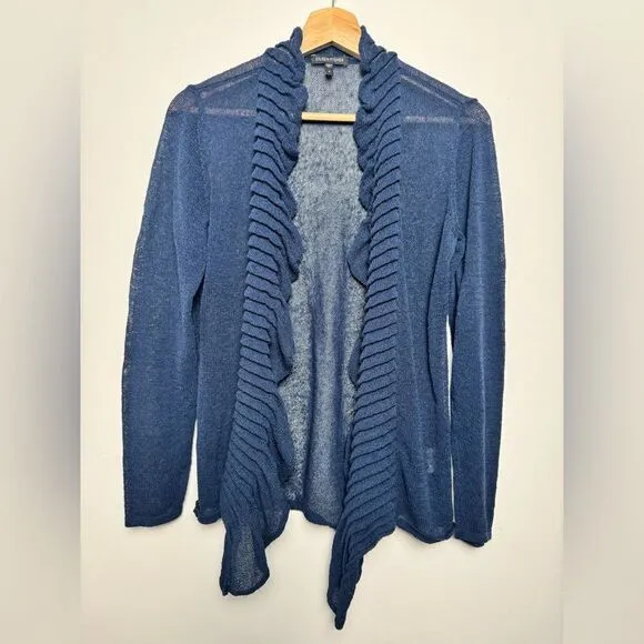 Eileen Fisher Navy Blue Linen Blend Cardigan Sweater Small S knitted ruffles
