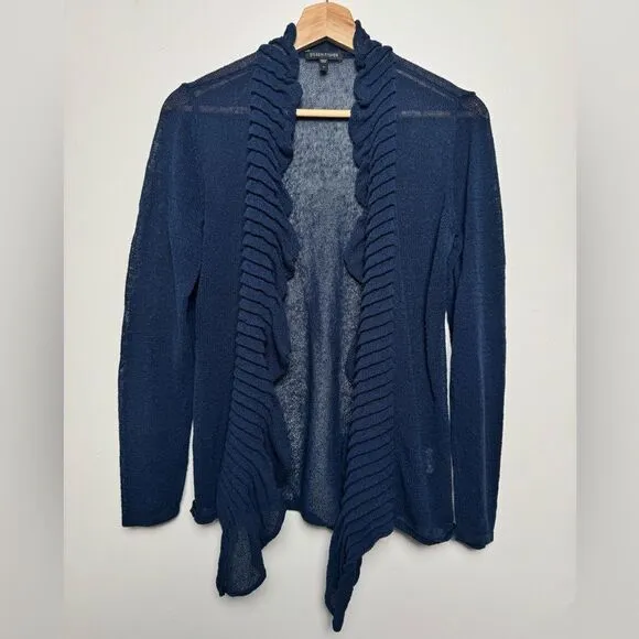 Eileen Fisher Navy Blue Linen Blend Cardigan Sweater Small S knitted ruffles