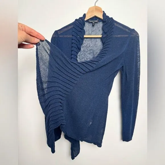 Eileen Fisher Navy Blue Linen Blend Cardigan Sweater Small S knitted ruffles