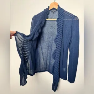Eileen Fisher Navy Blue Linen Blend Cardigan Sweater Small S knitted ruffles