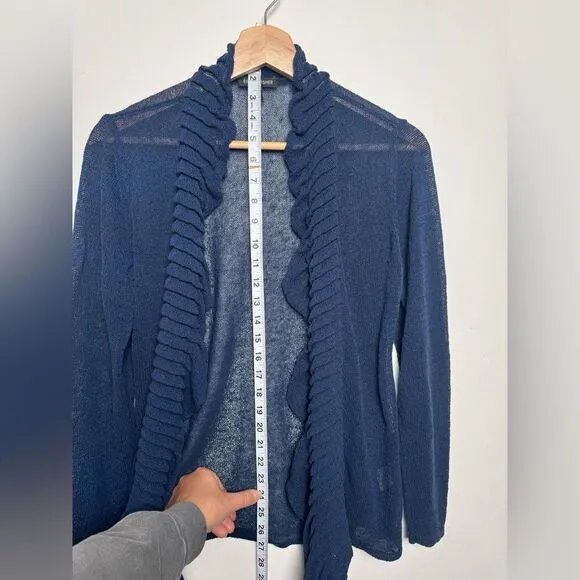 Eileen Fisher Navy Blue Linen Blend Cardigan Sweater Small S knitted ruffles