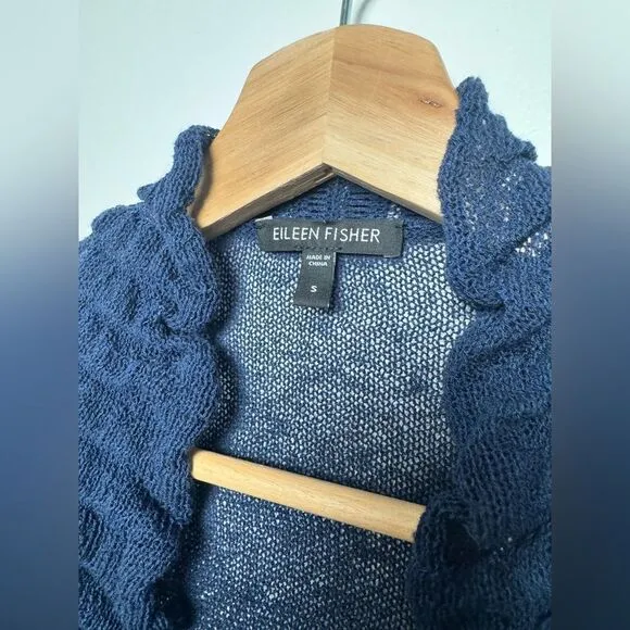 Eileen Fisher Navy Blue Linen Blend Cardigan Sweater Small S knitted ruffles