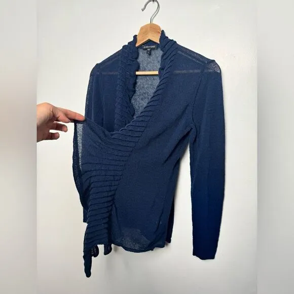 Eileen Fisher Navy Blue Linen Blend Cardigan Sweater Small S knitted ruffles
