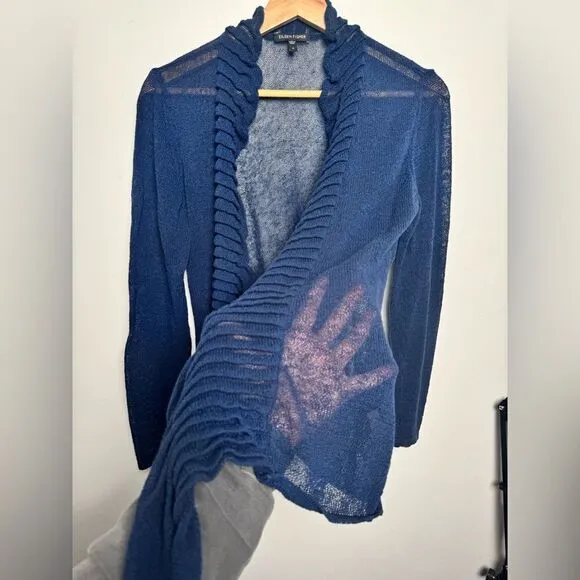 Eileen Fisher Navy Blue Linen Blend Cardigan Sweater Small S knitted ruffles