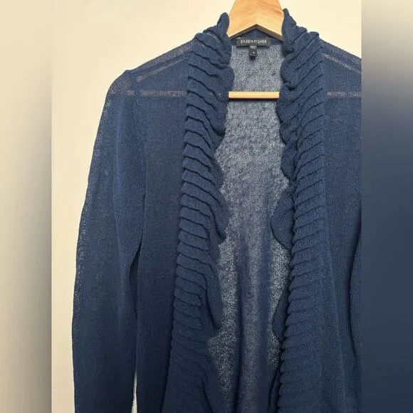 Eileen Fisher Navy Blue Linen Blend Cardigan Sweater Small S knitted ruffles