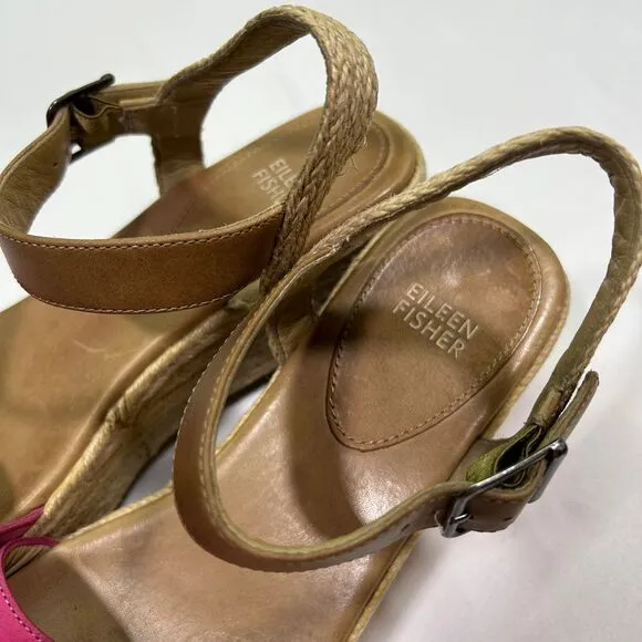 Eileen‎ Fisher Pink &amp; Tan Espadrille Platform Wedge Sandals Shoes Womens 8