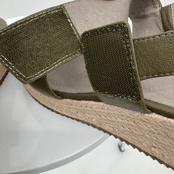 Eileen Fisher Winnie sandals 8.5 wedge espadrille leather hook and loop olive