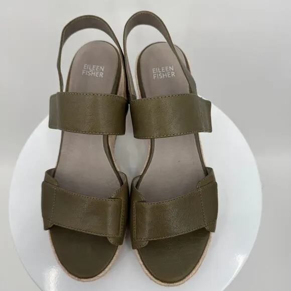 Eileen Fisher Winnie sandals 8.5 wedge espadrille leather hook and loop olive