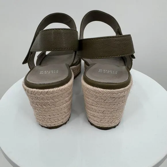 Eileen Fisher Winnie sandals 8.5 wedge espadrille leather hook and loop olive