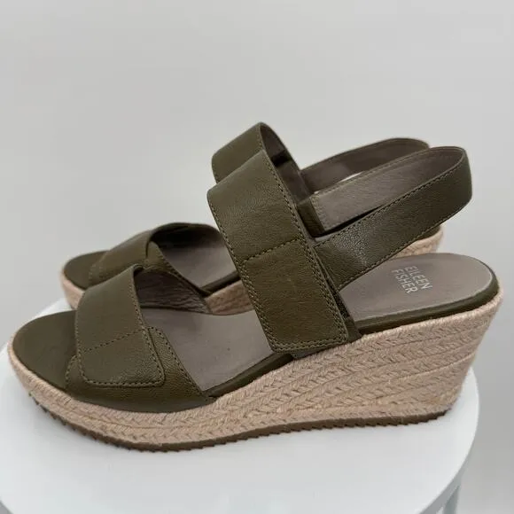 Eileen Fisher Winnie sandals 8.5 wedge espadrille leather hook and loop olive