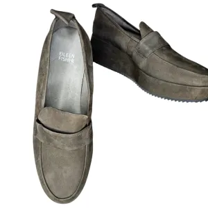 Eileen Fisher Womens Max Nubuck Gray Platform Wedge Loafers Size 9.5
