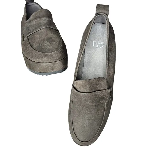 Eileen Fisher Womens Max Nubuck Gray Platform Wedge Loafers Size 9.5