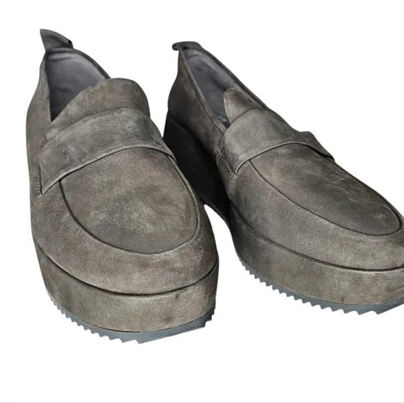 Eileen Fisher Womens Max Nubuck Gray Platform Wedge Loafers Size 9.5