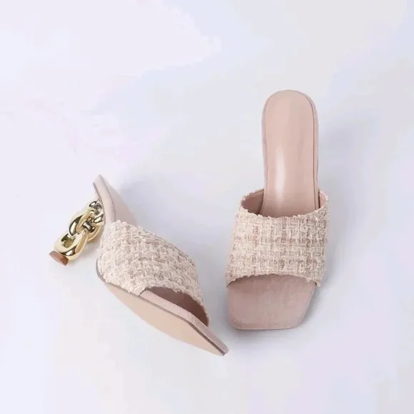 Elegant Apricot Sandals For Women, Plaid Pattern Sculptural Heeled I Sandals