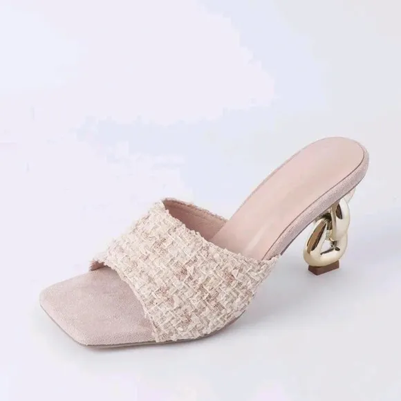 Elegant Apricot Sandals For Women, Plaid Pattern Sculptural Heeled I Sandals