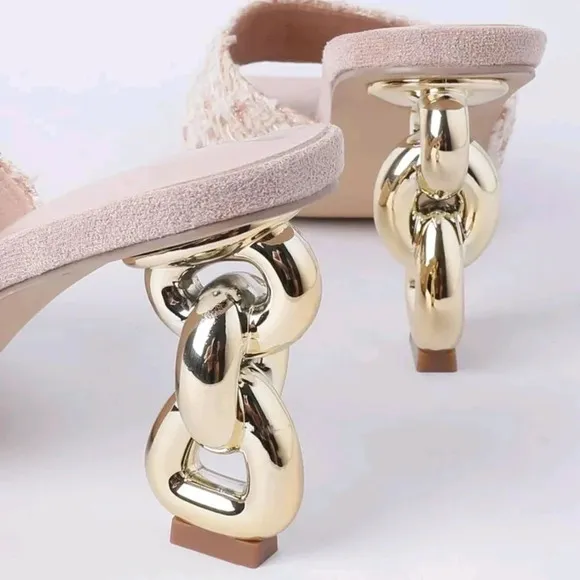 Elegant Apricot Sandals For Women, Plaid Pattern Sculptural Heeled I Sandals